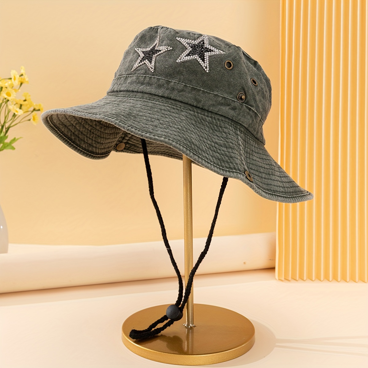 Rhinestone Pentagram Denim Bucket Hat Distressed Sun Hat Boonie Hats