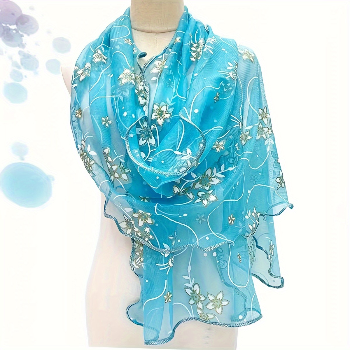 Image of Purple Print Lace Thin Scarf, Vintage Breathable Shawl Women Head Wrap Turban Outdoor Windproof Hijab