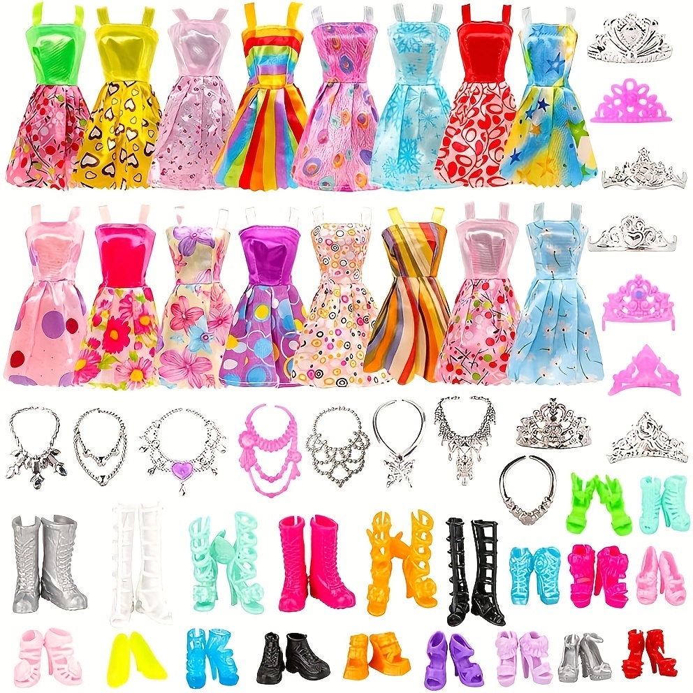 

32 pièces de vêtements et accessoires pour poupées (10 robes aléatoires élégantes + 10 paires de chaussures aléatoires + 6 colliers + 6 couronnes) pour cadeau de Pâques pour poupées de 11 pouces