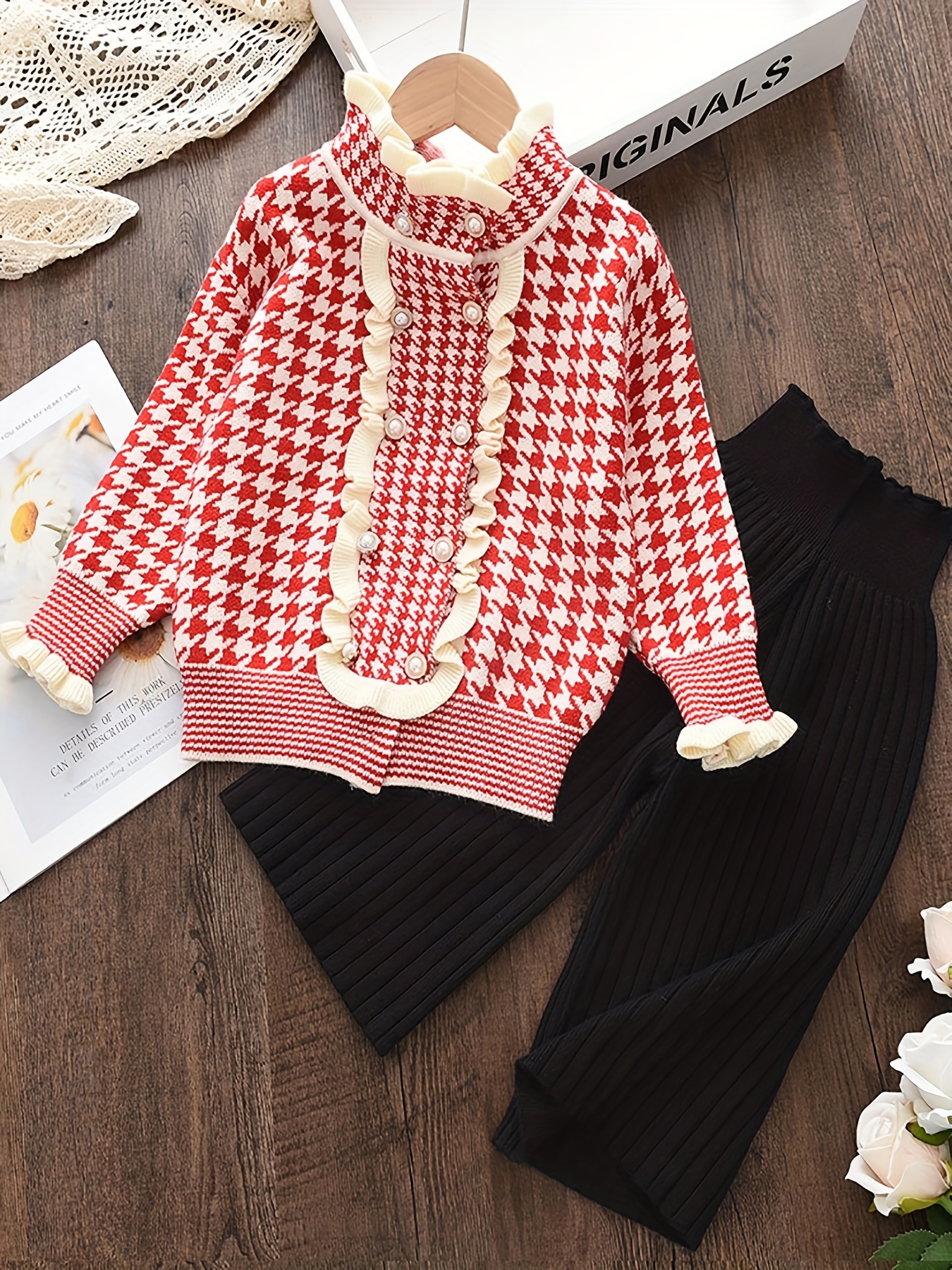 Toddler Girl's Elegant 2pcs, Houndstooth Pattern Sweater & Cable Knit Pants  Set, Ruffle Decor Casual Outfits, Kids Clothes For Spring Fall Winter