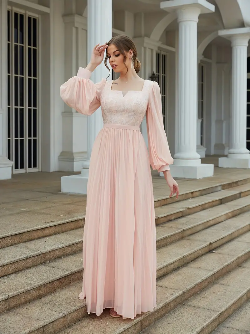 Contrast Lace Pleated Bridesmaid Dress, Elegant Squared Neck Long Sleeve  Maxi Dress For Wedding Party, Women's Clothing