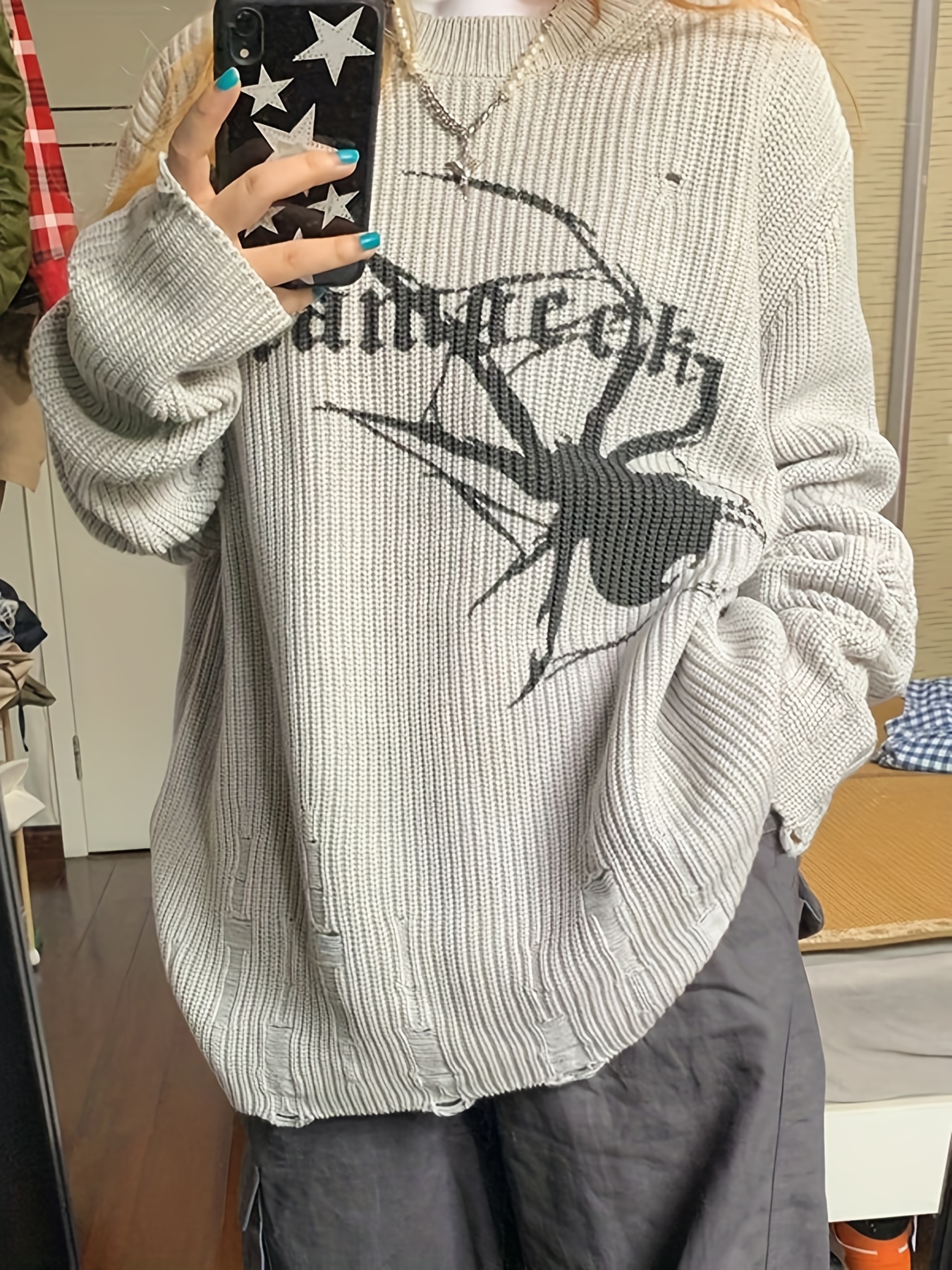 Insect Pattern Ripped Knit Sweater Casual Crew Neck Long Sleeve