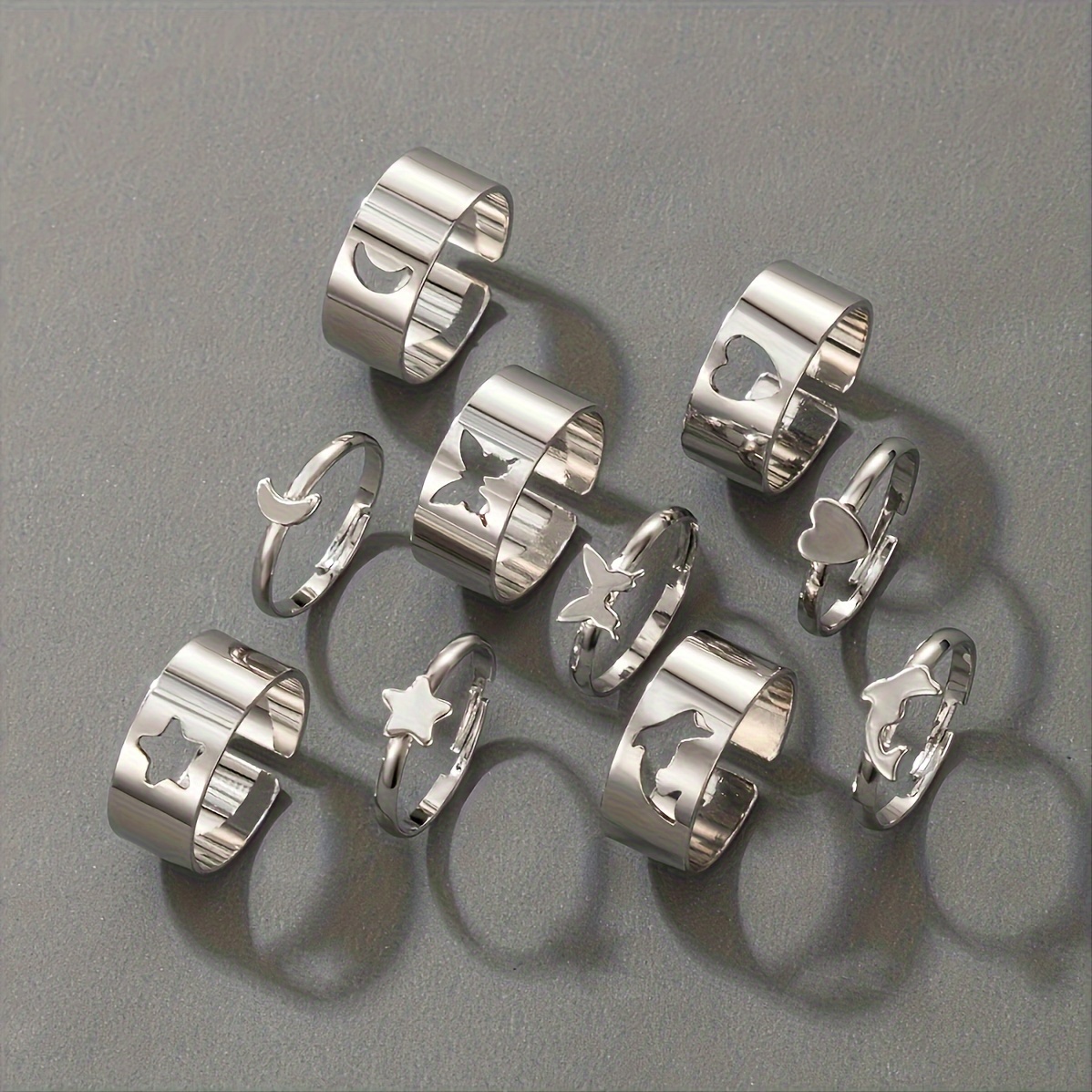 10pcs Creative Punk Ring Set Butterfly Love Moon Star Dolphin Alloy Ring