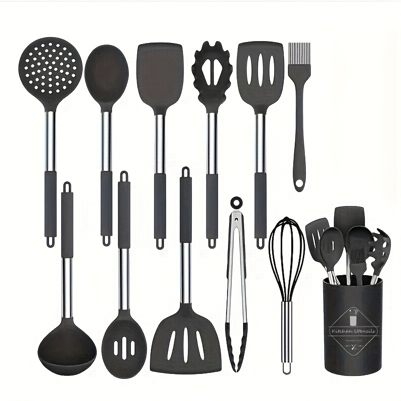 Grey Kitchen Utensil Set - Stainless Steel & Silicone Heat Resistant Cooking