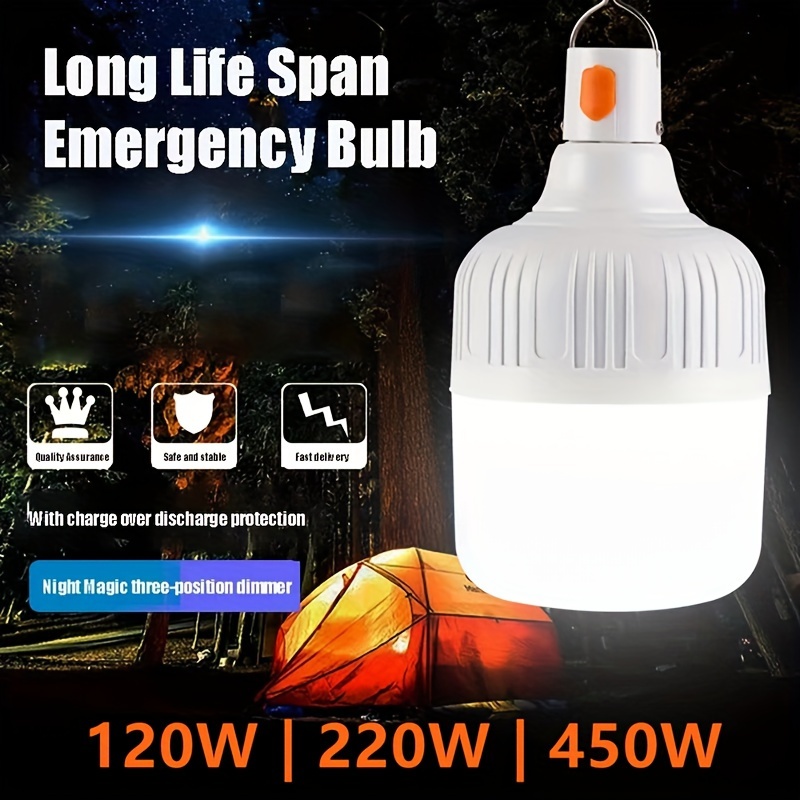 

1pc 120w/220w/450w Emergency Led Light, Usb Rechargeable Super Bright Rainproof Bulb For Camping, Picnic, Night Fishing, Courtyard Barbecue Party, With Long Battery Life And High Brightness