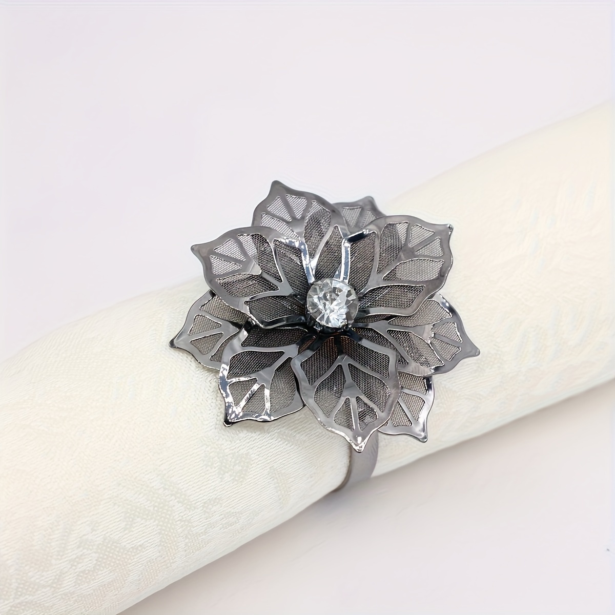 Image of 6pcs Metallic Rose Flower Napkin Rings - Elegant Table Decor With Realistic Roses Suitable For Valentine's Day, Christmas, Weddings, Birthdays, Banquets - Holder For Dinner Party Table Setting
