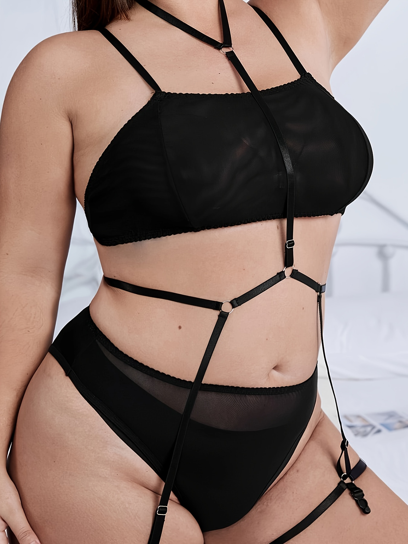 Women's Sexy Strappy Garters Lingerie Set See Mesh Bra Panty - Temu