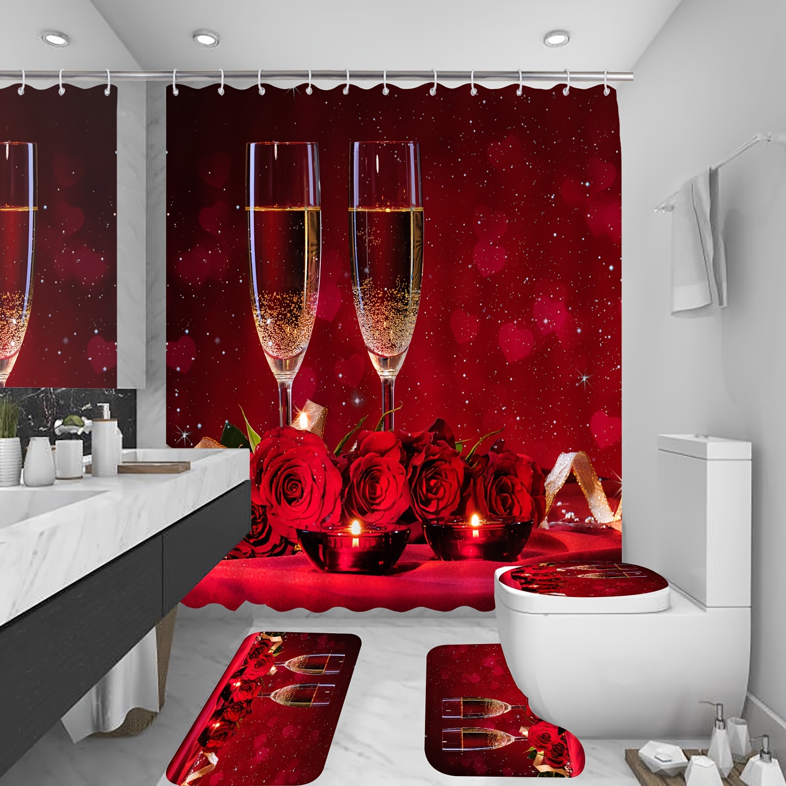 Fashion Girl Red High Heels Cosmetic Mirror Shower Curtain Set Bathroom  Decor