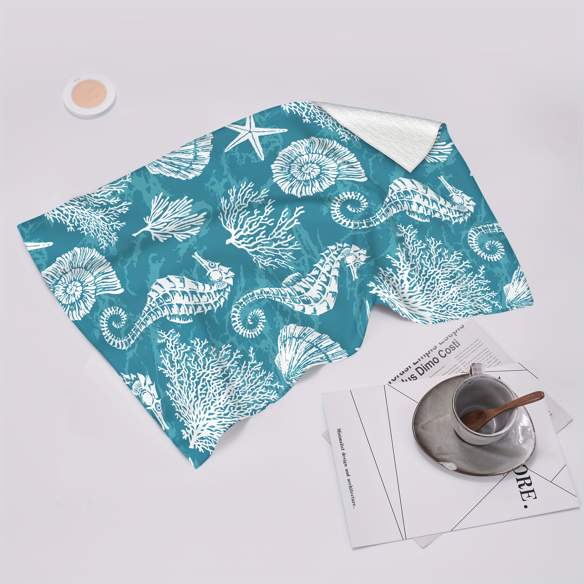 2pcs, Hand Towels, Seahorse Pattern Blue Kitchen Dish Towel Set, Cotton  Soft Absorbent Decorative Hand Towels, Farmhouse Tea Towels, Scouring Pad,  Dis