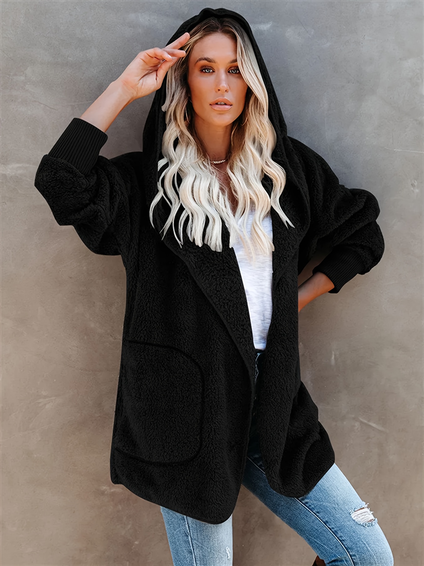 Plus Size Women's Solid Color Hooded Cardigan Coat Casual - Temu
