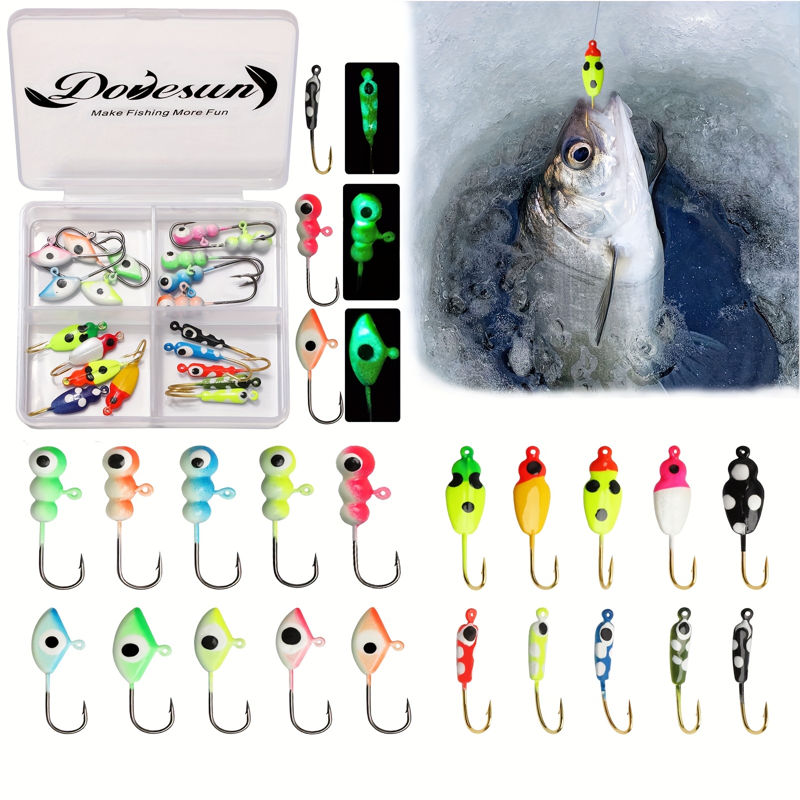 Dovesun 20pcs Ice Fishing Jigs Kit, Luminous Jig Heads Fishing Hooks With  Tackle Box, Fishing Accessories