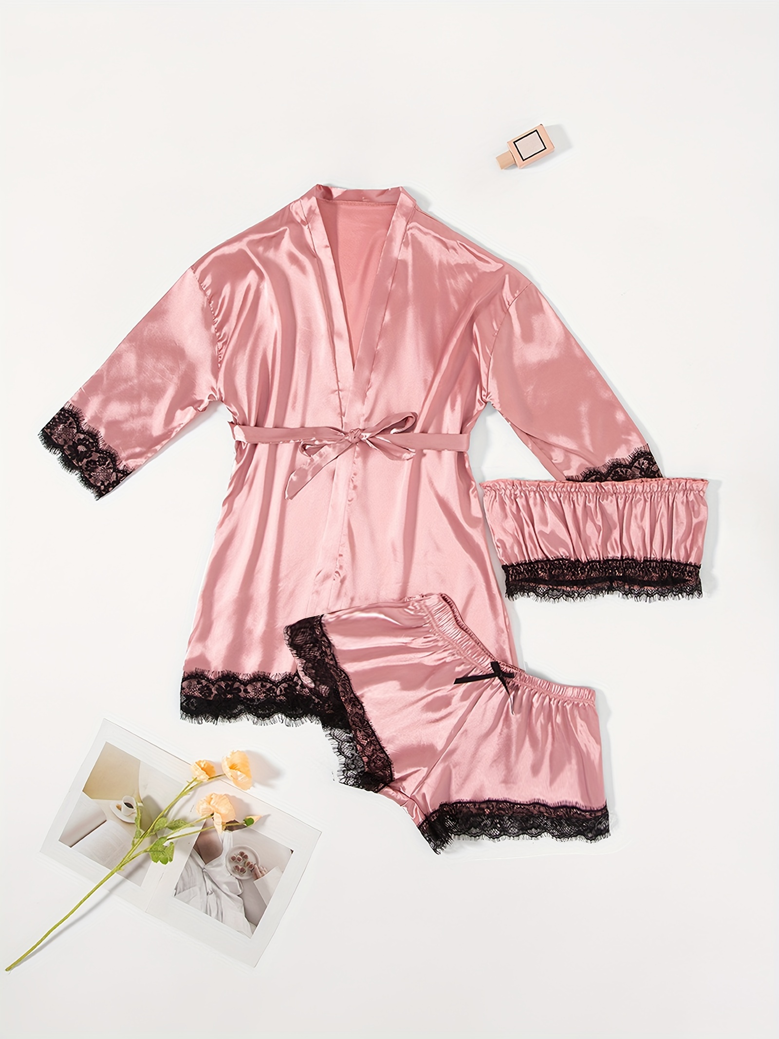 4 Pieces Women's Satin Floral Lace Cami Top Lingerie Pajama Set with Robe  Dressing Gown Kimono Lingerie Set Satin Pyjamas Lace Robe Bra