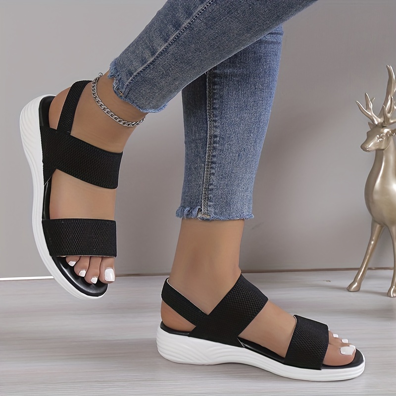 Women's Solid Color Flat Sandals Casual Elastic Band Summer - Temu