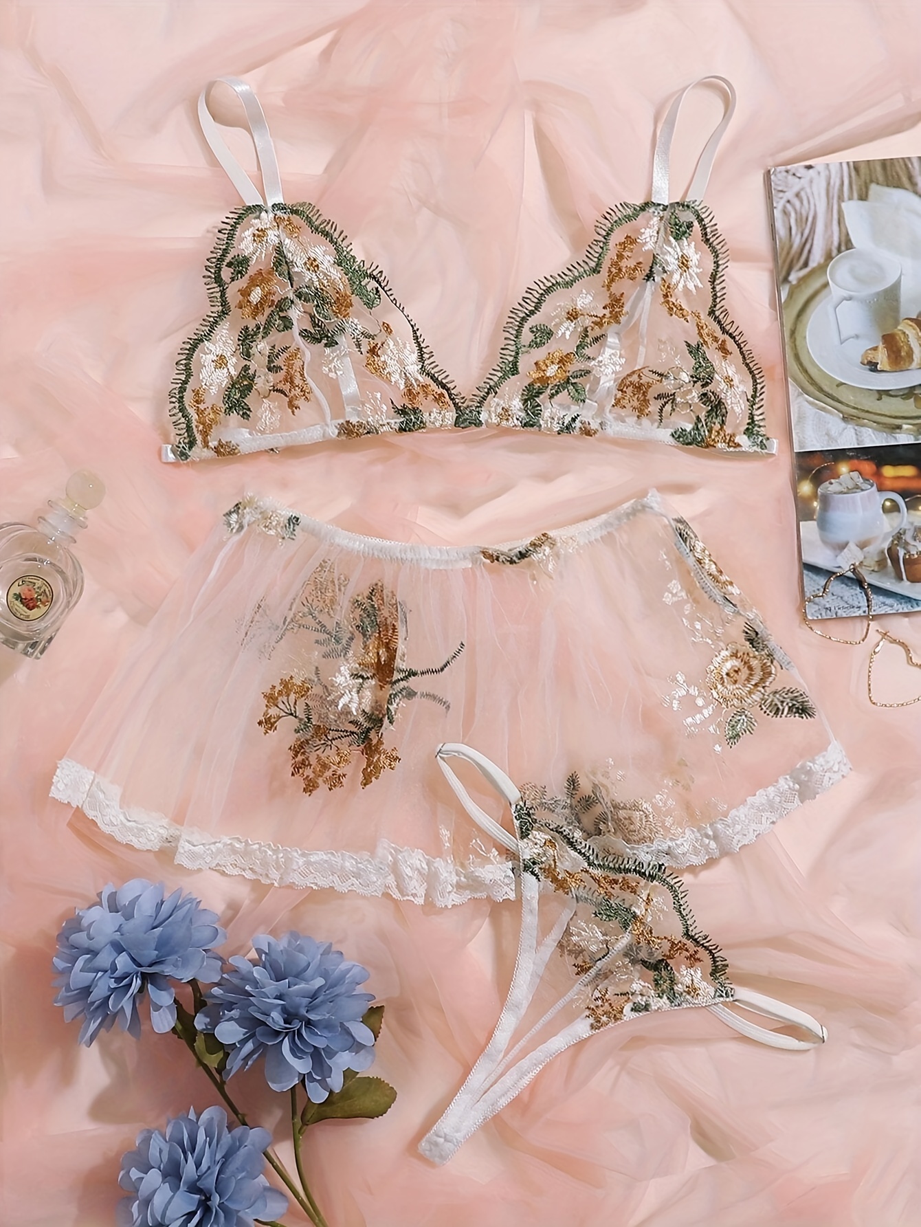 Floral Embroidery Lingerie Set Sheer Unlined Bra Mesh Skirt - Temu