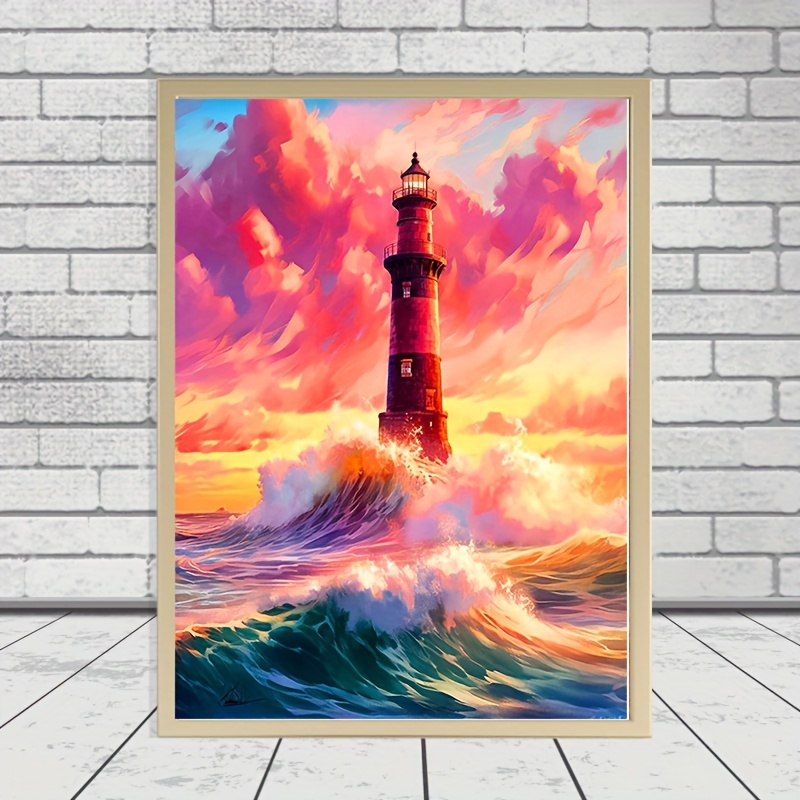 1pc 5d Diy Diamond Painting Kits Waves Lighthouse Sunrise Sunset