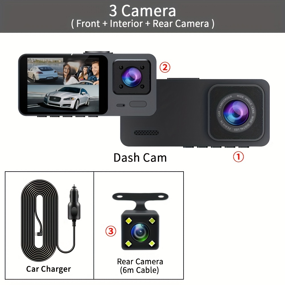 3 Channel Dash Cam for Cars Camera HD 1080P Video Recorder Dashcam DVR  Black Box Dual Lens DVR with Rear View Camera for Vehicle