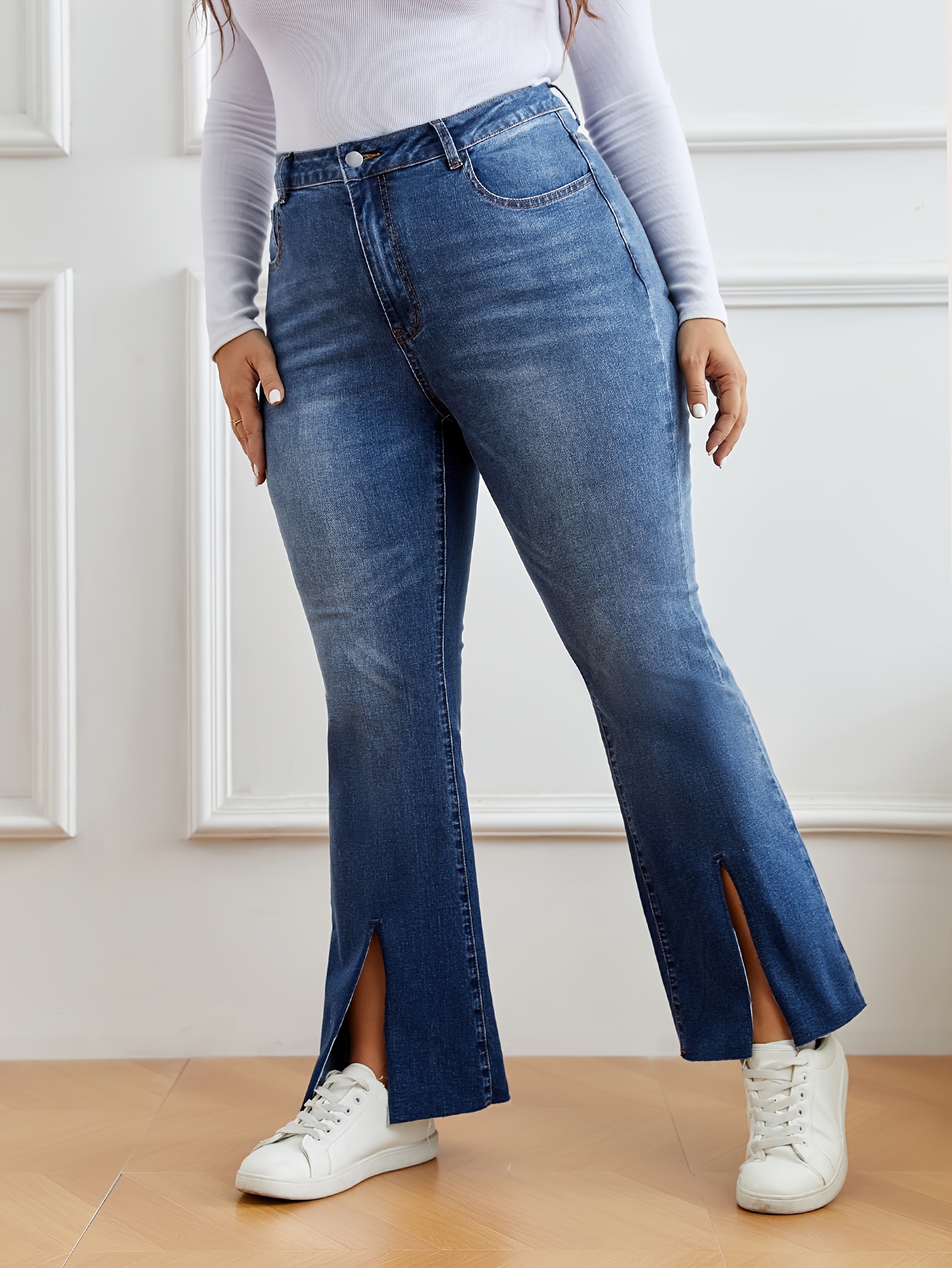 Plus Size Basic Jeans Women's Plus Washed Button Fly High - Temu