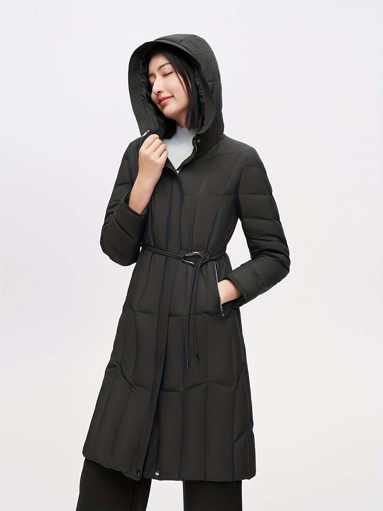 ソリッドカラーのジッパーフード付きダウンコート、冬用90％グースダウンの長袖ベルト付きふわふわコート、婦人服