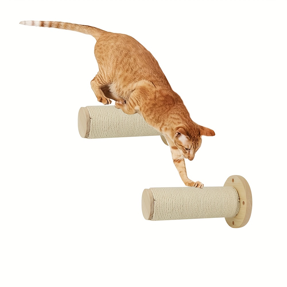 1pc 屋内猫用壁掛け猫スクラッチャー、壁用サイザル麻ロープ付き木製猫スクラッチポスト