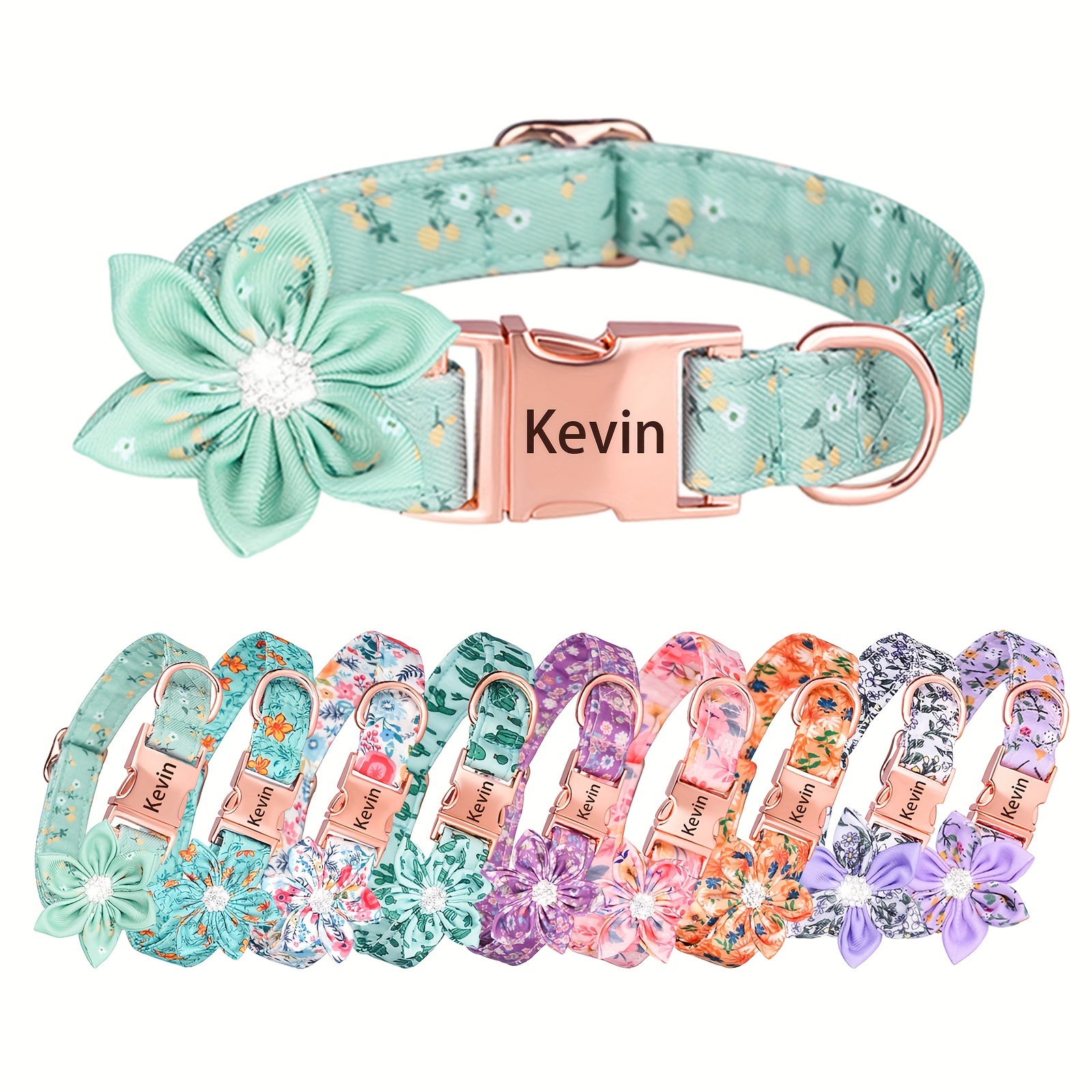 Flower Personalized Female Girl Dog Collar and Leash Lead Name ID Tag  Engraved