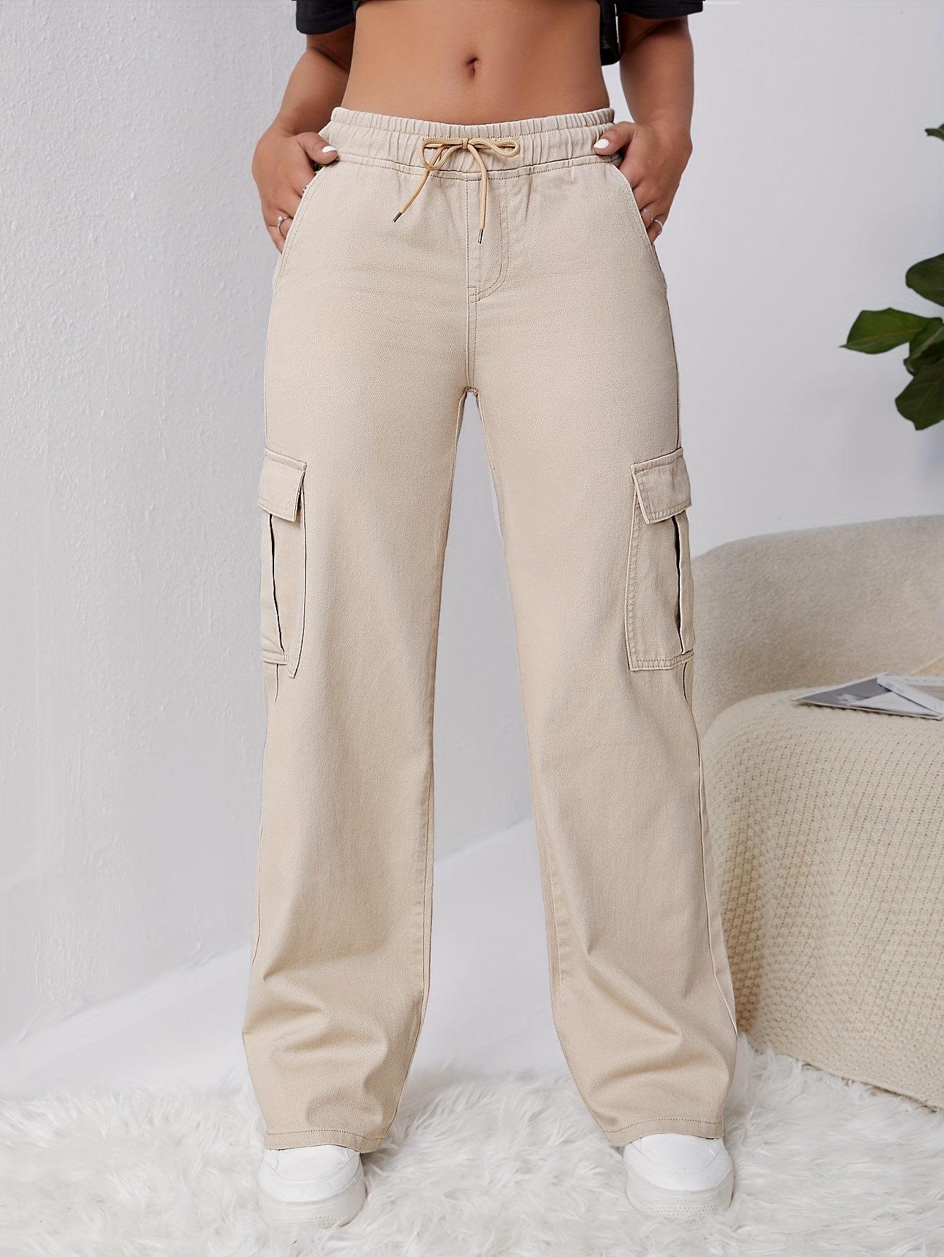 Black Multi-Pockets Cargo Pants, Loose Fit Elastic Waist Casual Straight  Jeans, Women's Denim Jeans & Clothing