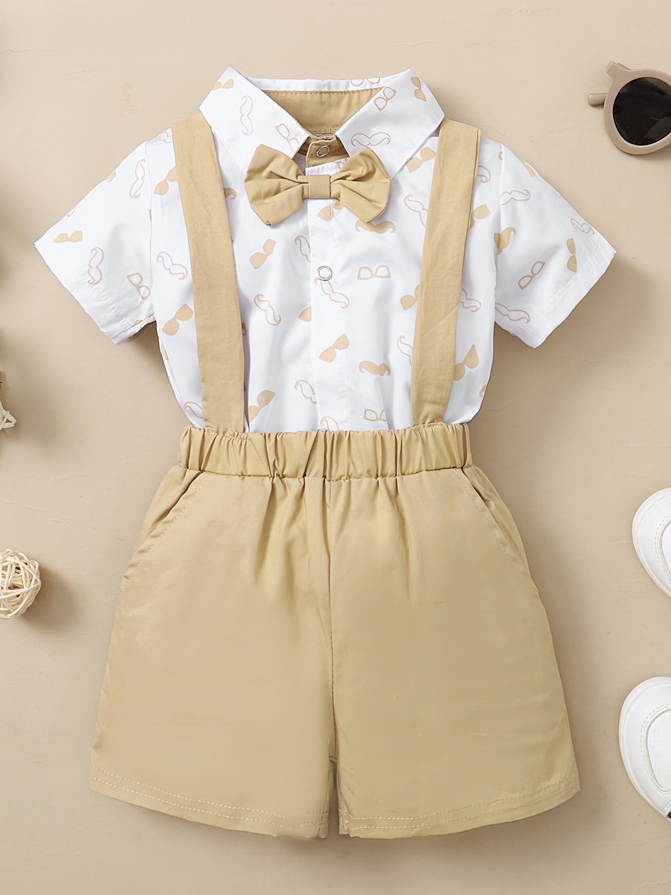 Baby Boys Formal Suit Gentleman Bowtie Romper Suspenders Shorts