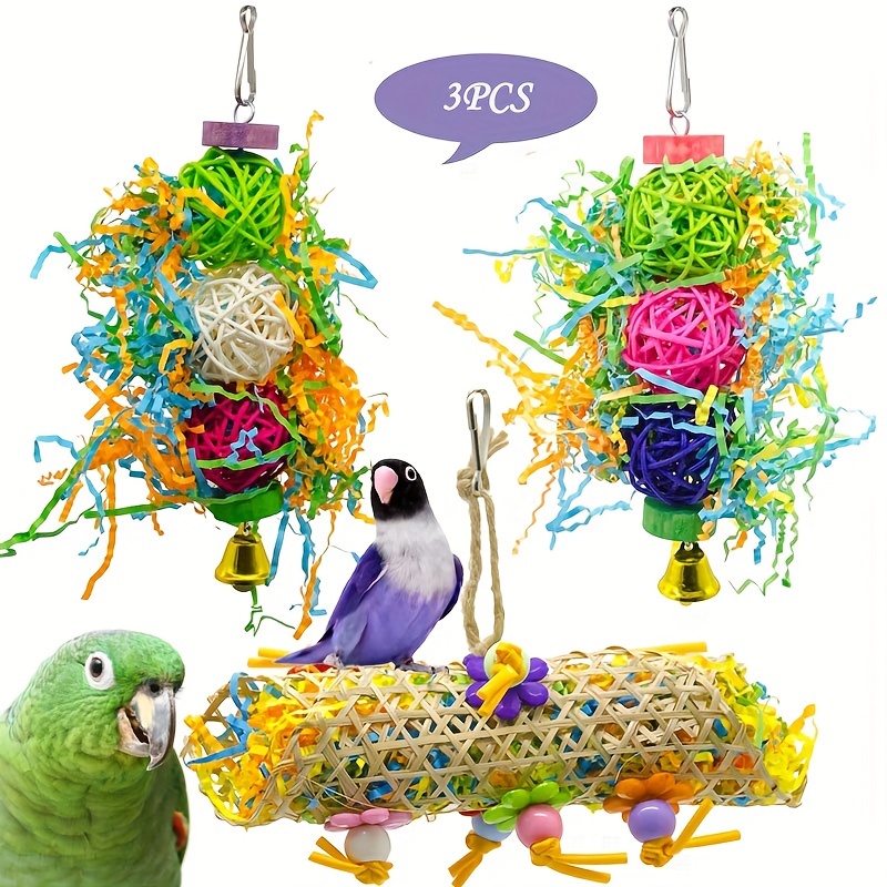 

3pcs Random Color Parrot Toys Set, Shredded Paper, Rattan Ball Bird Toy, Budgerigar, Peony, Cockatiel Bird Cage Pendant