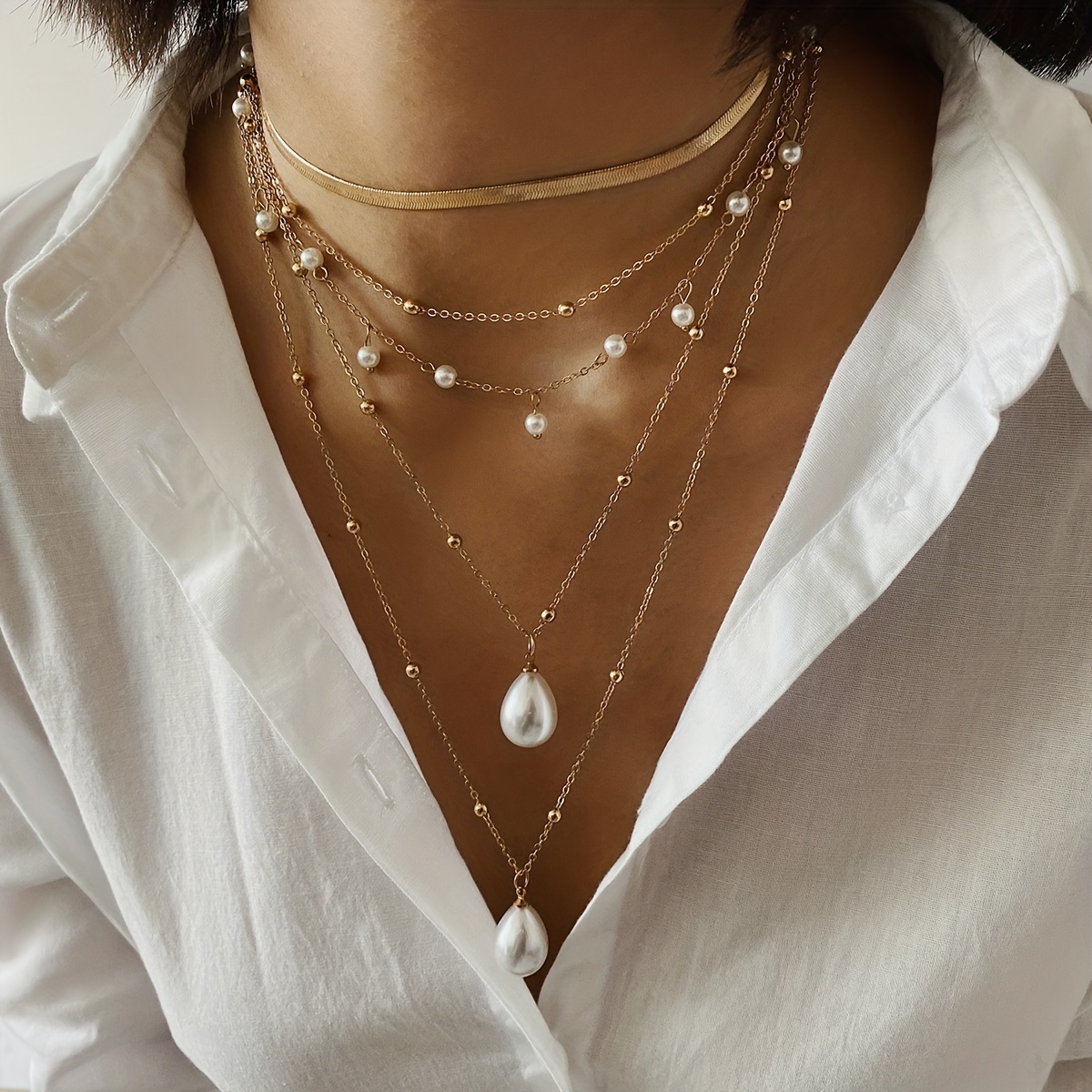 2pcs Layered Tassel Faux Copper Bead Flat Snake Chain Necklace Set