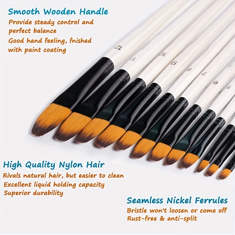 12x Paint Brush Set Gouache Painting Brushes Flat/Round