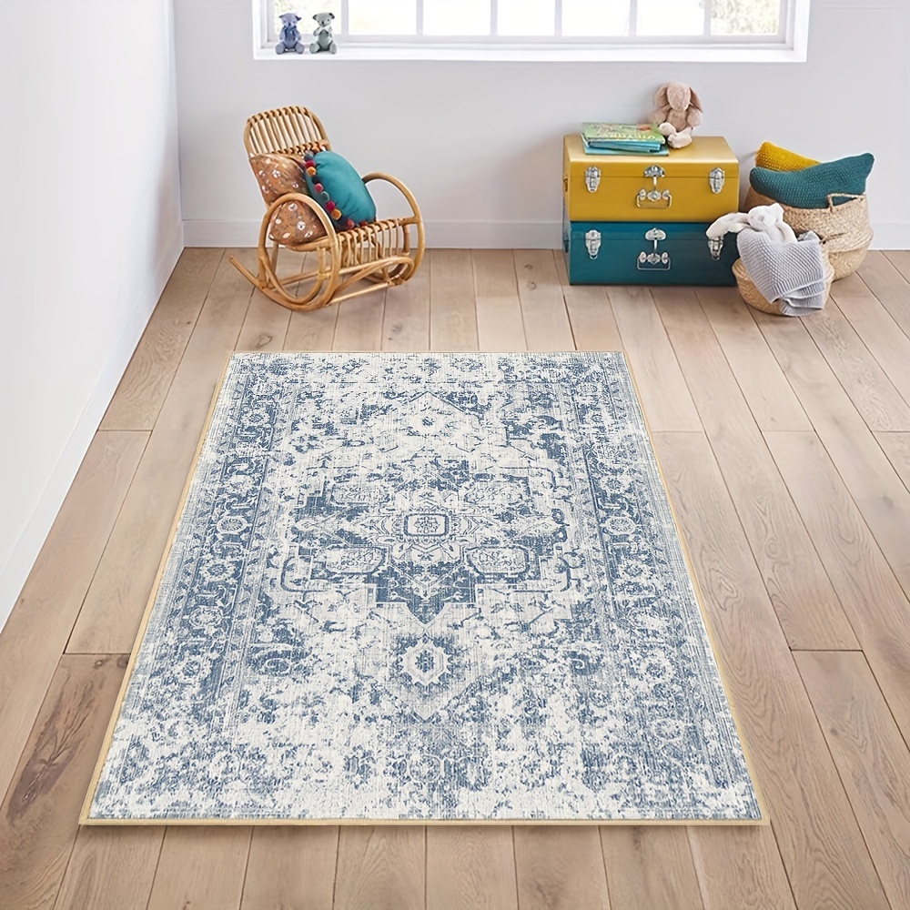 Boho Vintage Area Rug, Blue-white Soft Faux Sheepskin Floor Mat, Non Slip  Tpr Backing Machine Washable Carpet Large Rugs For Living Room Bedroom  Dining Room, Small Entryway Rugs For Kitchen Bathroom Home