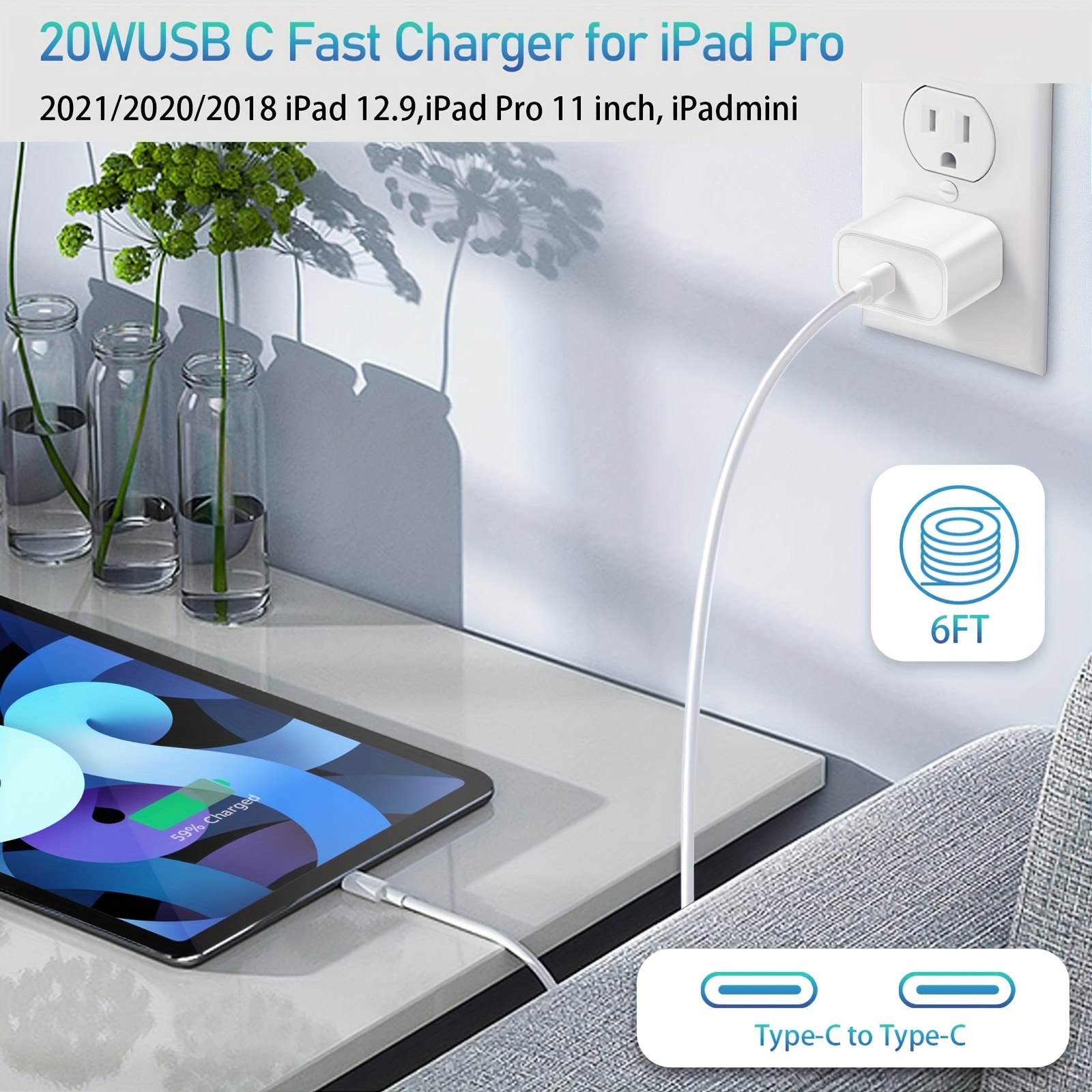 Cargador rápido para iPad Pro de 20 W y cable de carga USB C a C de 10 pies  de largo para iPad Pro 2022/2021/2020/2018 de 12.9/11/10.9 pulgadas