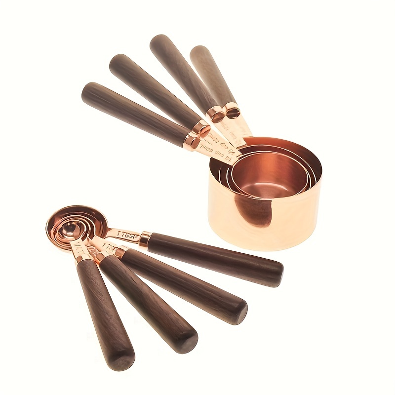 Measuring Cups & Spoons with Walnut Wood Handles, Stainless Steel and Rose Gold, Brown