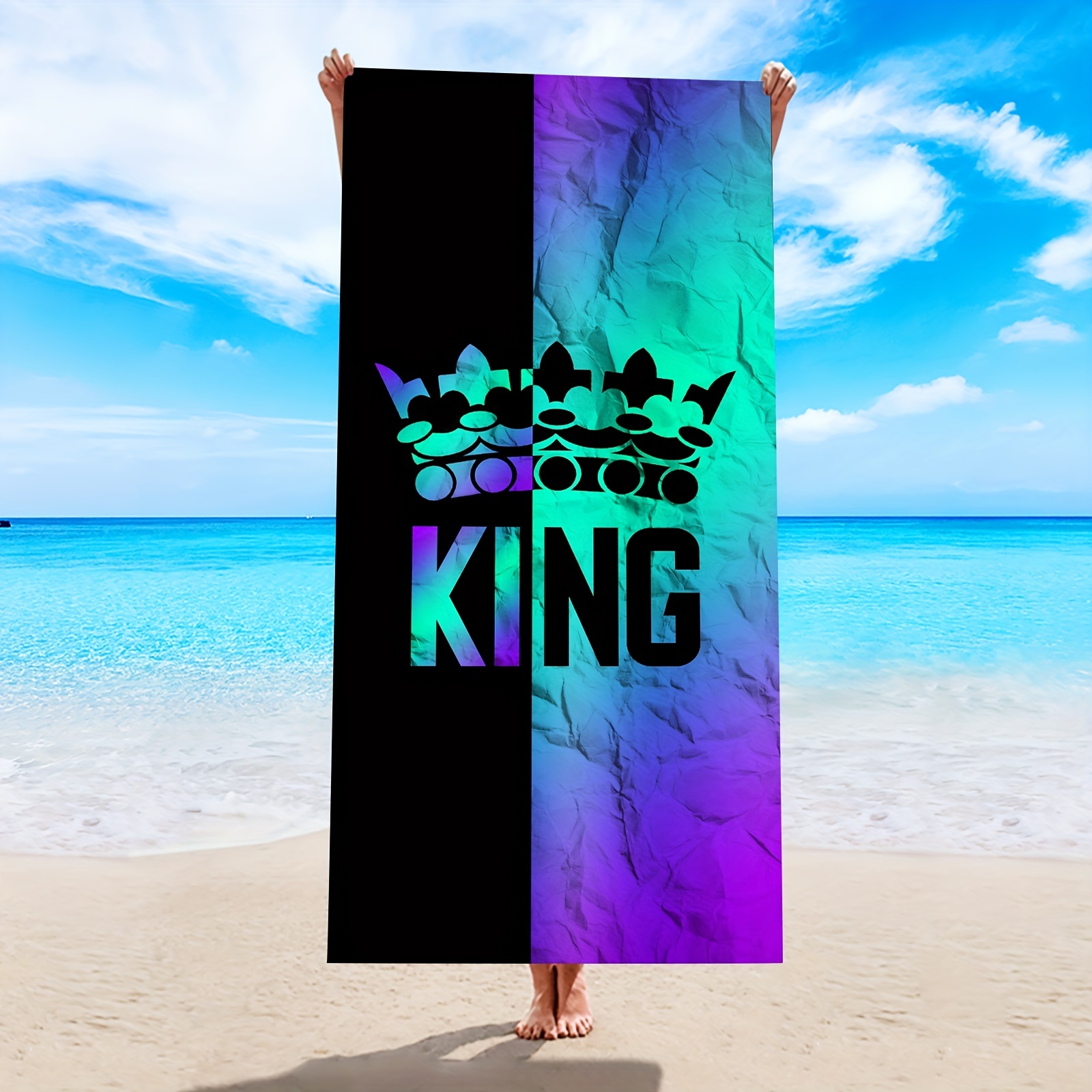 

1pc King Black & Purple Patchwork Beach Towel, Absorbent Sandproof Swimming Towel, Quick Drying Soft Pool Towel, Perfect For Camping Travel Spa Sports, Beach Essentials, Travel Supplies