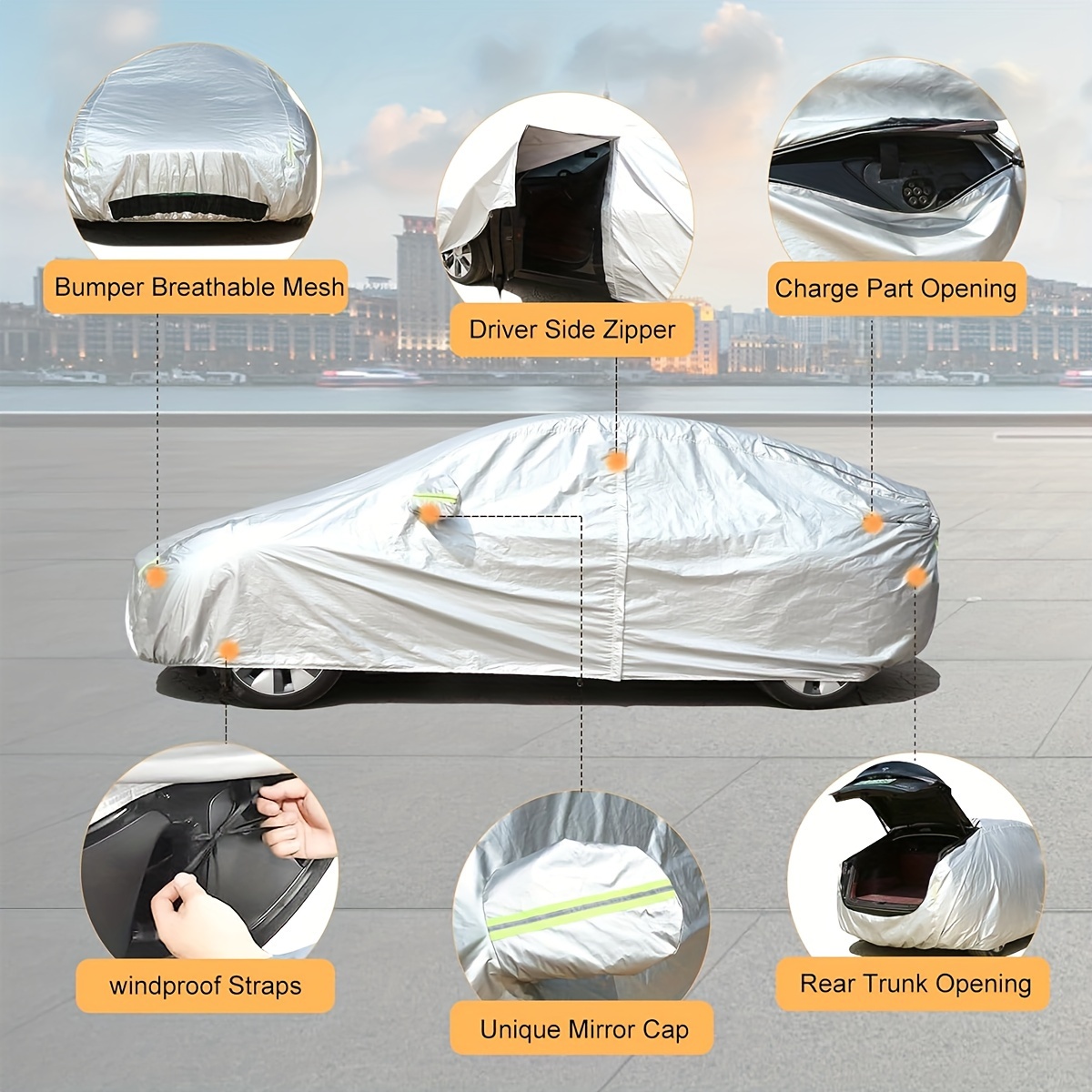 Full Car Covers with Reflective Strips Waterproof Dustproof Snow UV Heat  Protection for Model 3/Y with Zipper Door to Open Charge Port & Trunk