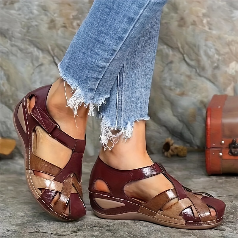 Women's Contrast Color Wedge Sandals Casual Buckle Strap - Temu