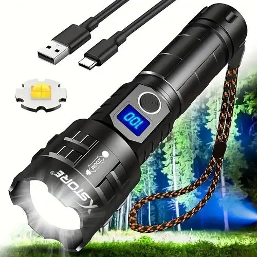 1pc Ultra Bright XHP70 LED Flashlight, USB Rechargeable Tactical Torch,  High Power Outdoor Camping Fishing Lantern, Waterproof Spotlight Lamp,  26650 B