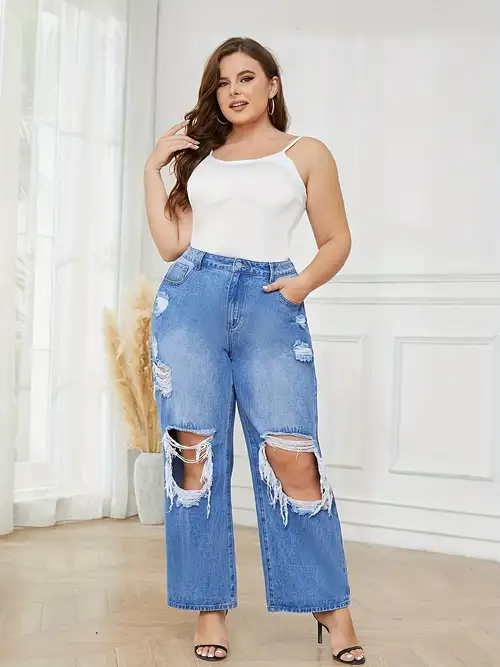 Plus Size High Ripped Straight Leg Jeans Womens Plus - Temu Canada