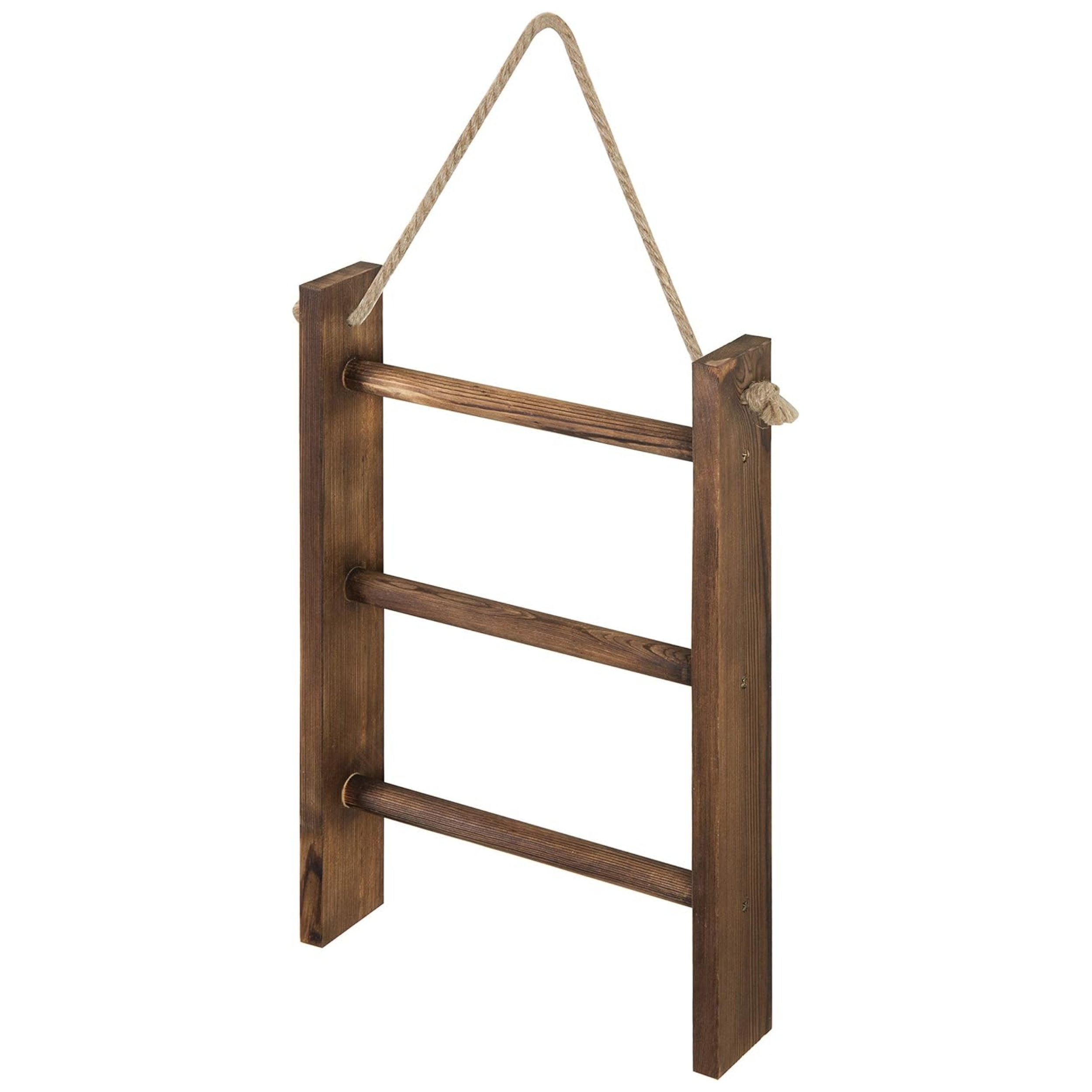 2 Tier Wall Mounted Torched Wood Bathroom Shelf Organizer with Hanging  Towel Bar