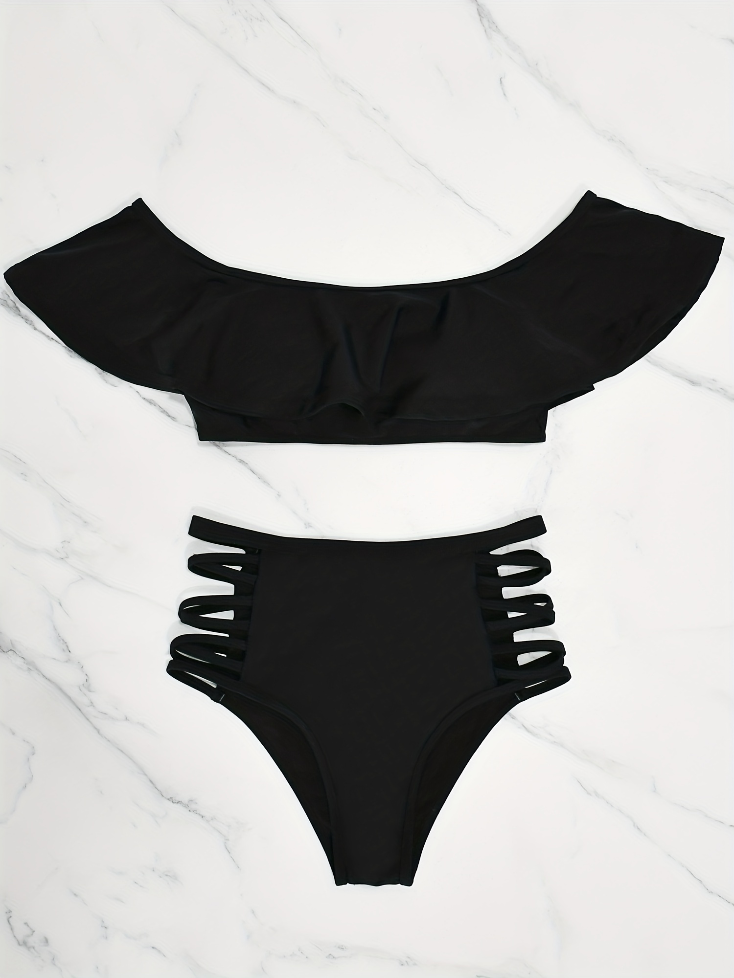 ruffle off the shoulder plain 2 piece set tankini criss cross high waist stretchy swimsuits womens swimwear clothing