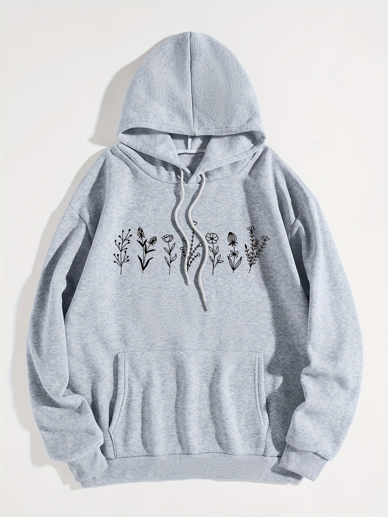 Plant Print Drawstring Hoodie Casual Long Sleeve Pocket Temu