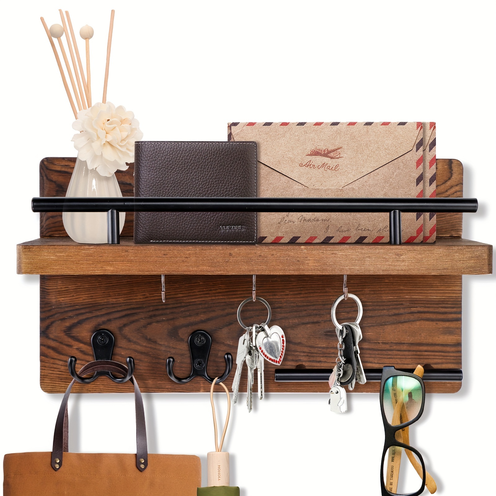 Wooden Storage Shelves With Hooks Key And Letter Organizer - Temu
