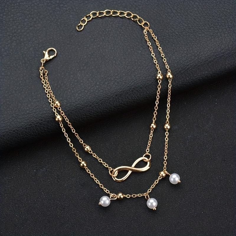 Men's Double Layer Anklet for Summer, 8 Shape Design, Pearl Accent
