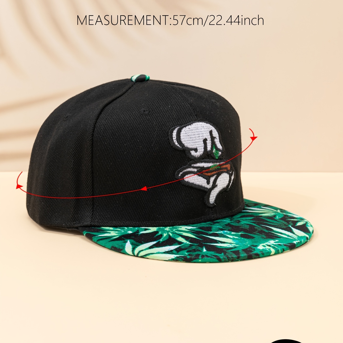 Green Fitted Hat with Black Leaf