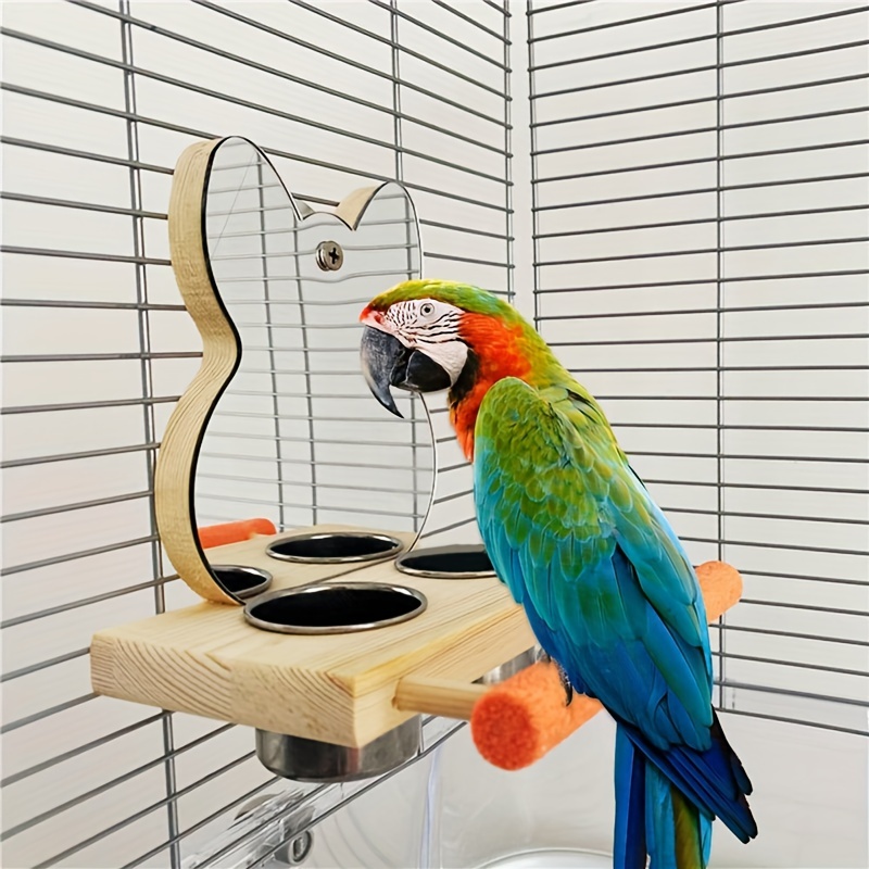 Stainless Steel Parrot Mirror Toy Wooden Perch Feeding Cups - Temu