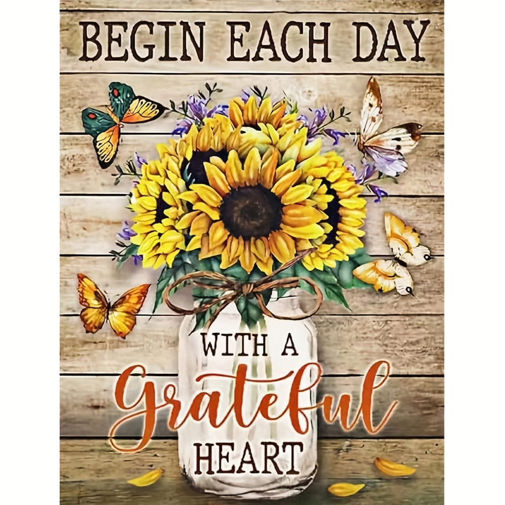 1pc 11.8x15.7inch Full Round Diamond Canvas Sunflower Text Home Wall Decor  5D Handmade Diamond Painting Kits By Number