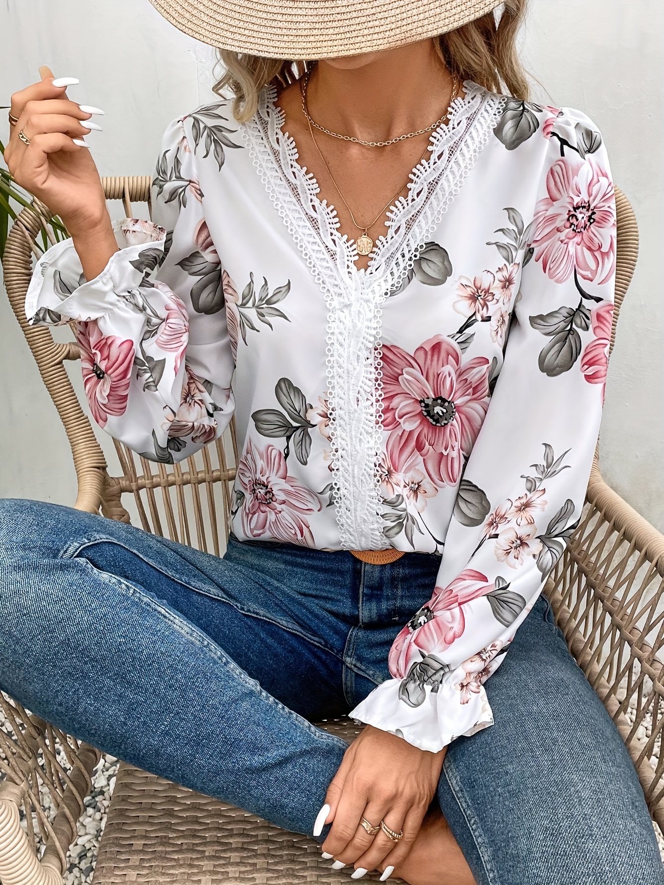 Blusa Estampada Flores Cuello Camisa Casual Manga Larga Temu Dominican Republic