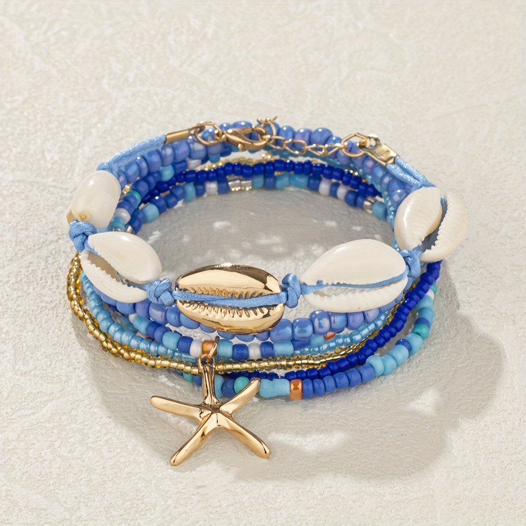 TEMU Conjunto De Pulseras Apilables Con Estilo Boho De 7 Piezas Con Cuentas De De Concha Y Colgante De
