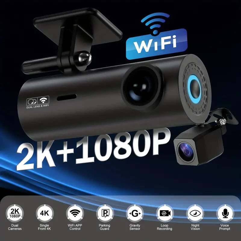 Dual Dash Cam 2k+1080p Front And Rear, Built-in Wifi, 4k Single