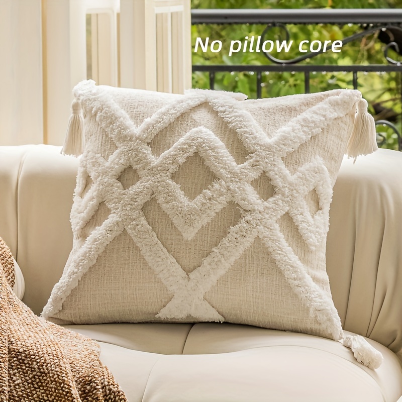 

1pc Chenille Pom Pom Tufted Throw Pillow Covers, White Long Boho Lumbar Pillow Covers Pillow Case With Tassels For Bed Sofa Farmhouse Living Room Home Decor