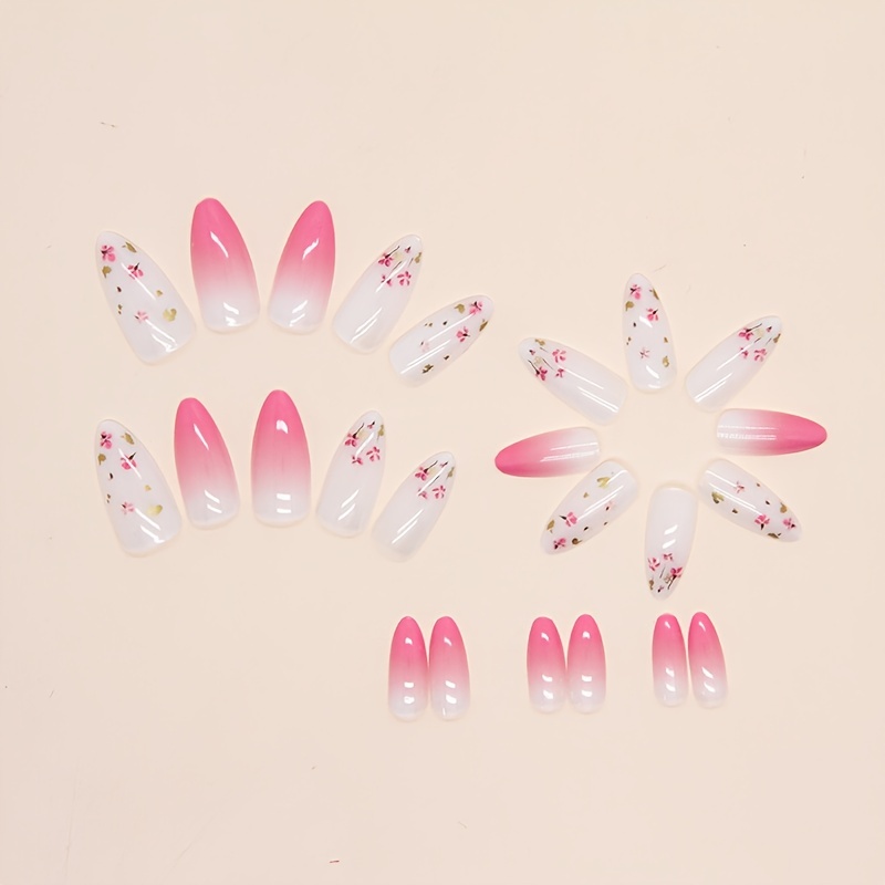 summer 24pcs pinkish gradient press on nails glossy medium almond fake nails flower pattern elegant acrylic artificial nails for women girls 1pc nail file and 1sheet jelly tabs included details 3